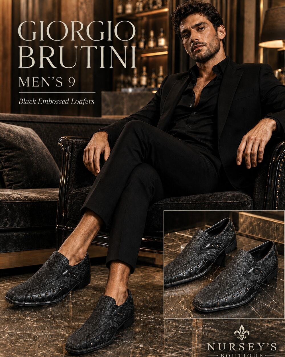 Giorgio Brutini Black Embossed Square Toe Slip On Loafers Men 9